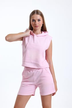 Pembe Kolsuz Kapüşonlu Crop Sporcu Atlet Tişört