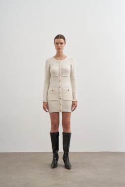 Cepli Düğmeli Elbise-7585-Ekru