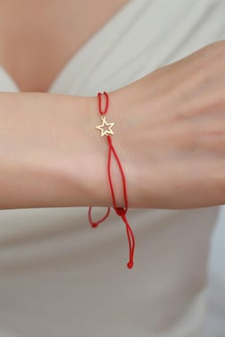 14 Ayar Altın İçi Boş Yıldız Kırmızı İpli Bileklik