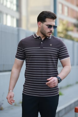 Miron Kahverengi Çizgili Polo Yaka Kısa Kollu Tişört-2515