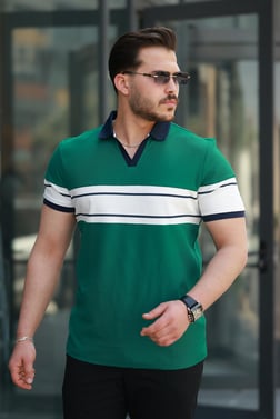 Miron Nefti Beyaz Fermuarlı iki Renk Polo Yaka Kısa Kollu Tişört-2514