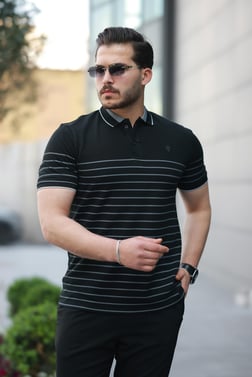 Miron Siyah Çizgili Polo Yaka Kısa Kollu Tişört-2515