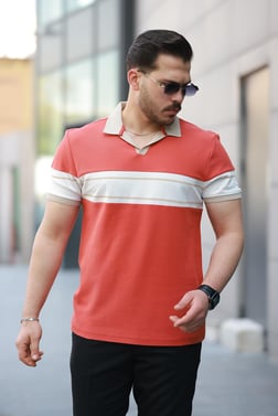 Miron Turuncu Beyaz Fermuarlı iki Renk Polo Yaka Kısa Kollu Tişört-2514
