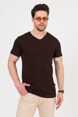 FİHA/9035-ERKEK COMPACT PENYE V YAKA T-SHIRT - KAHVE