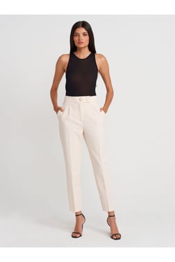 71661 Yüksek Bel Pilili Pantolon-Ekru