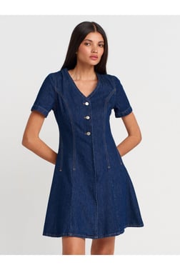 90558 V Yaka Kısa Kollu Denim Elbise-Mavi
