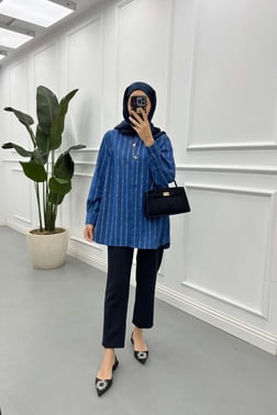 Taş Şerit Desenli Denim Gömlek Mavi