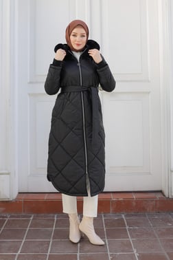 Armine Trend Baklava Desen Kuşaklı Mont Siyah 24KT709