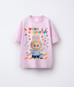 KIZ ÇOCUK PEMBE LABUBU MİNİ OYUNCAK BASKILI TSHİRT