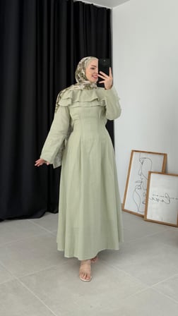 Talya Kat Kat Keten Küf Yeşili Elbise