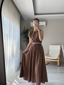 Kahve Keten Bluz Etek Takım