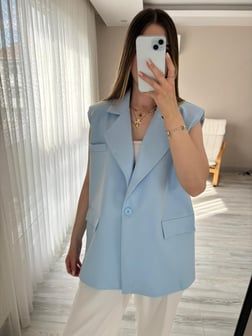 Kemerli Mavi Blazer Yelek