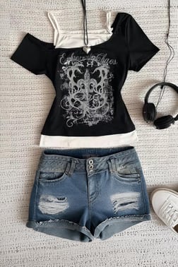 Siyah Embrace The Chaos Ek Askılı Gotik Y2K Kısa Kollu Full Body Crop