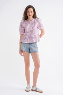 4701 Kadın Çiçek Baskılı Peplum Bluz Pembe