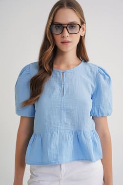 4713 Kadın Beli Büzgülü Kolu Lastikli Bol Müslin Bluz Bebe Mavi