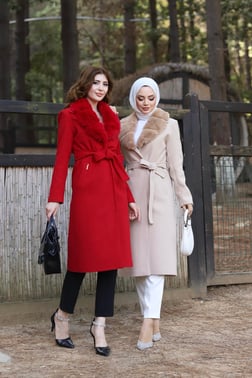 Yakası Seyyar Kürklü Kaşe Kaban Kırmızı  Miss Rock 2127-2-38