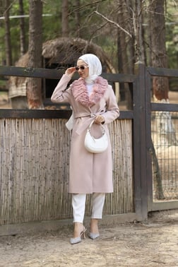 Yakası Seyyar Kürklü Kaşe Kaban Pudra  Miss Rock 2127-4-38