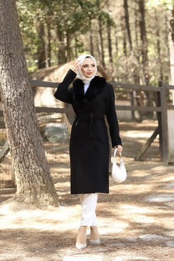 Yakası Seyyar Kürklü Kaşe Kaban Siyah  Miss Rock 2127-1-38