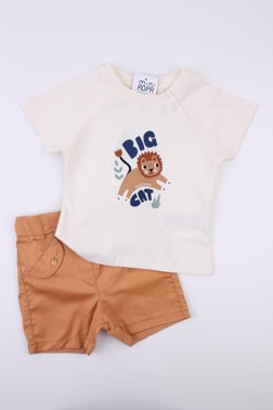 Şortlu Erkek Bebek Takımı Kahverengi Dokuma Şortlu Penye Tshirt  