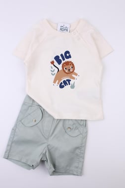 Şortlu Erkek Bebek Takımı Yeşil Dokuma Şortlu Penye Tshirt  