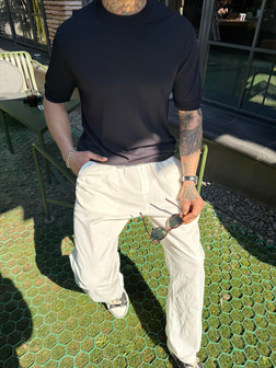  Regular Fit Bisiklet Yaka Esnek Triko T-Shirt -Siyah