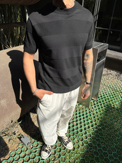  Regular Fit Cizgili Bisiklet Yaka Esnek Triko T-Shirt - Siyah