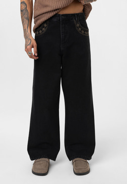 Desenli Basic Baggy Pantolon - Siyah