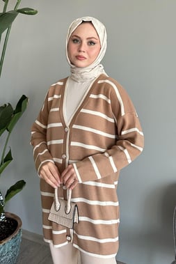 Salaş Şeritli Camel Triko Hırka