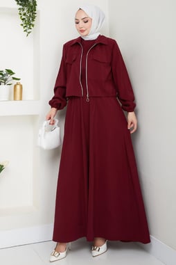 Ceketli Fermuarlı Elbise Bordo