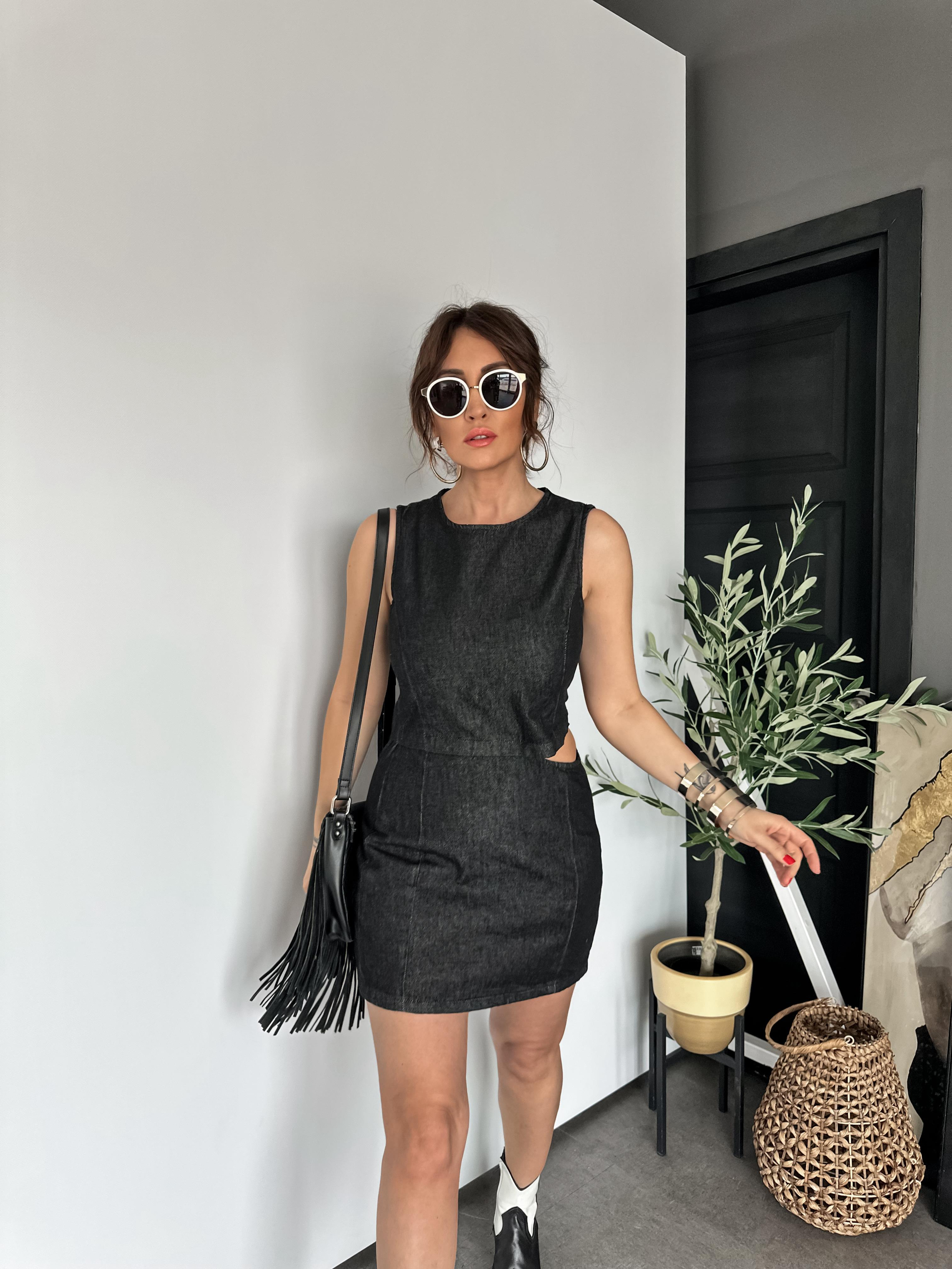 Antrasit Pencere Detaylı Kot Elbise