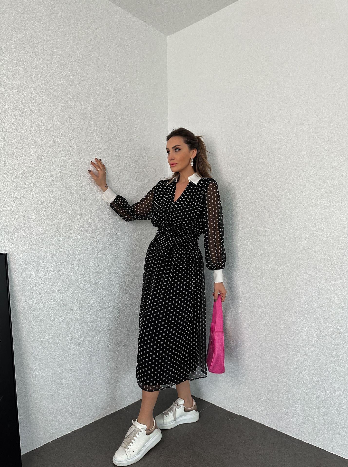 Bebe Yaka Puantiyeli Şifon Elbise