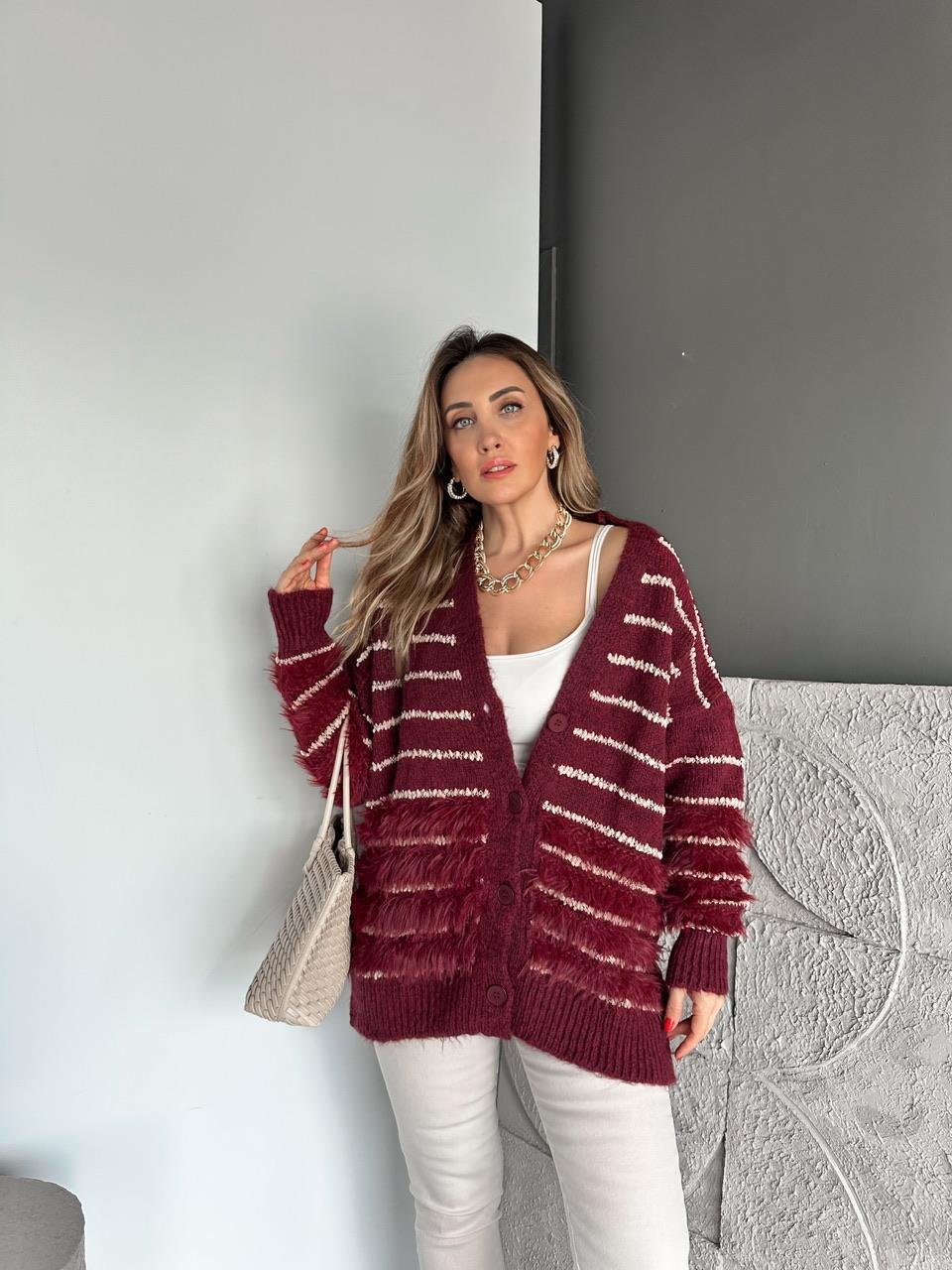Bordo Çizgili Kürklü Hırka
