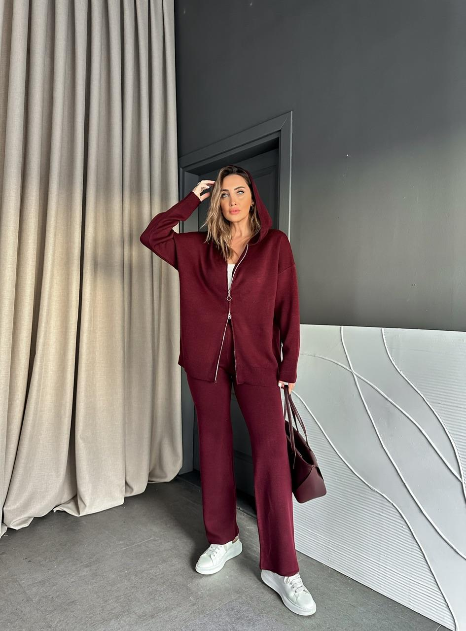 Bordo Fermuarlı Kapşonlu Triko Takım