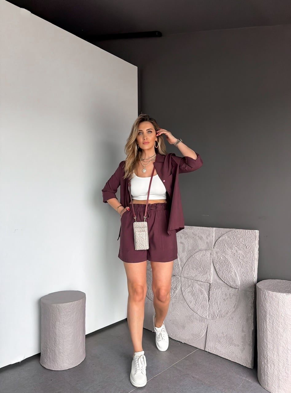 Bordo Gömlek Şortlu Zr Tensel Takım