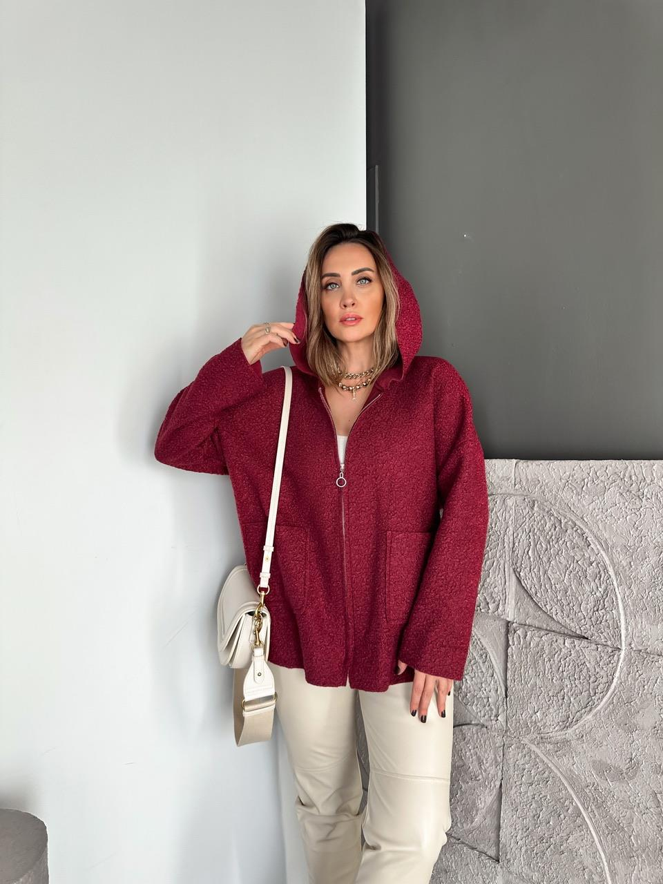 Bordo Kapşonlu Fermuarlı Buklet Kaban