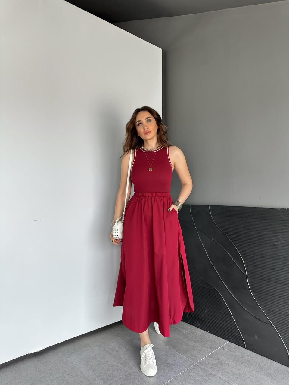 Bordo Kaşkorse Poplin Elbise