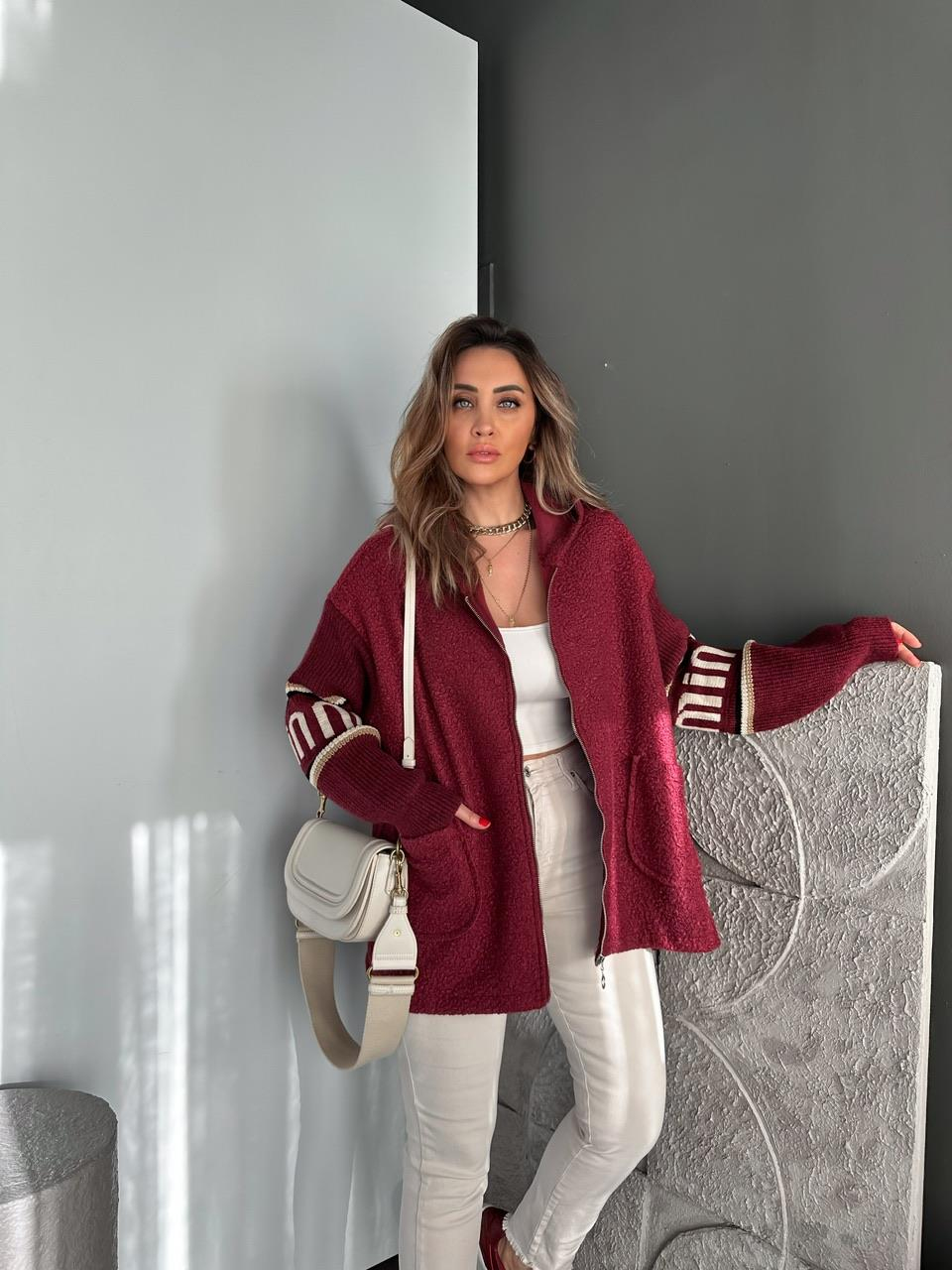 Bordo Kolları Triko Buklet Kaban