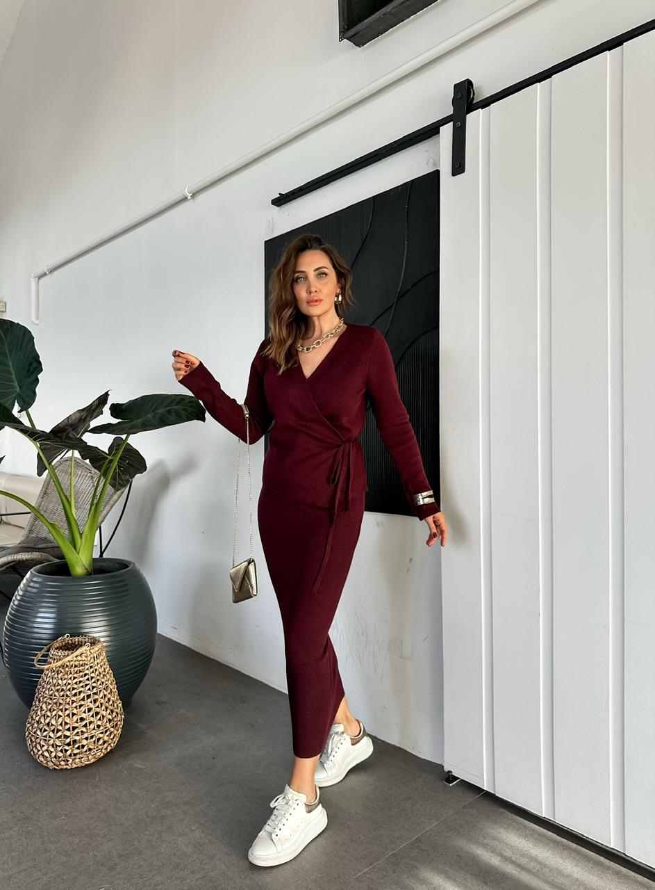 Bordo Kruvaze Etekli Triko Takım