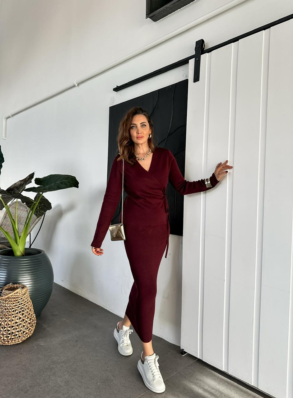 Bordo Kruvaze Etekli Triko Takım