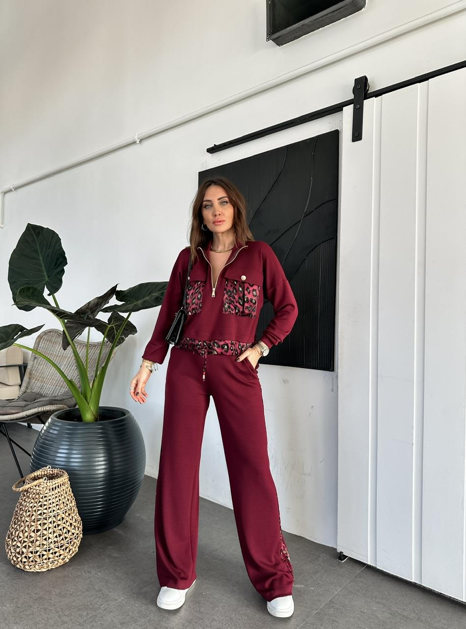Bordo Leopar Parçalı Modal Takım