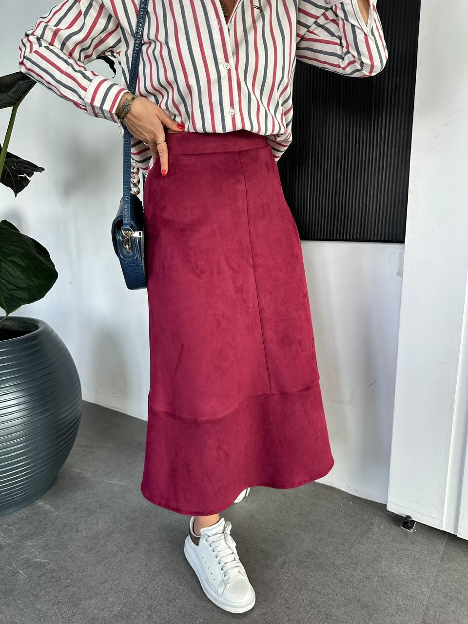 Bordo Süet Midi Boy Etek