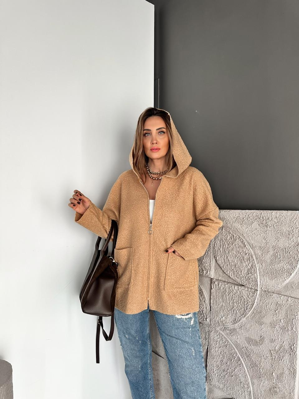 Camel Kapşonlu Fermuarlı Buklet Kaban