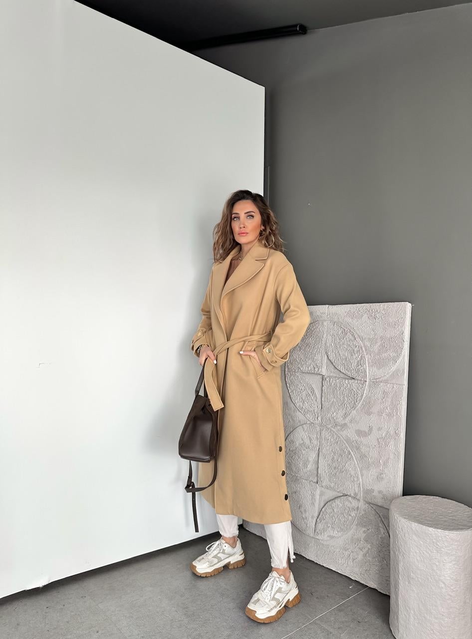 Camel Yanları Gold Düğmeli Kaşe Kaban