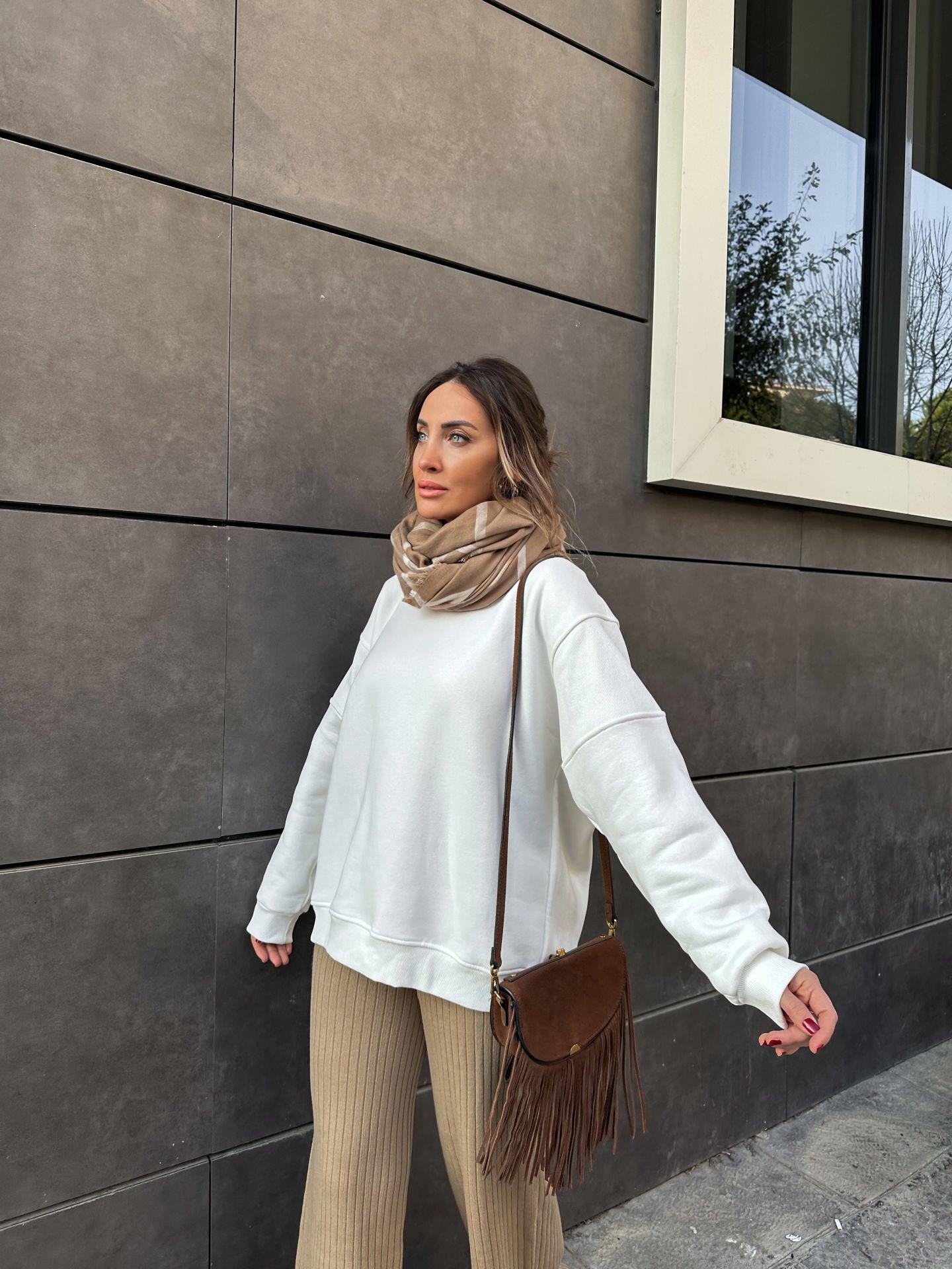 Ekru Arkası Fermuarlı Sweatshirt