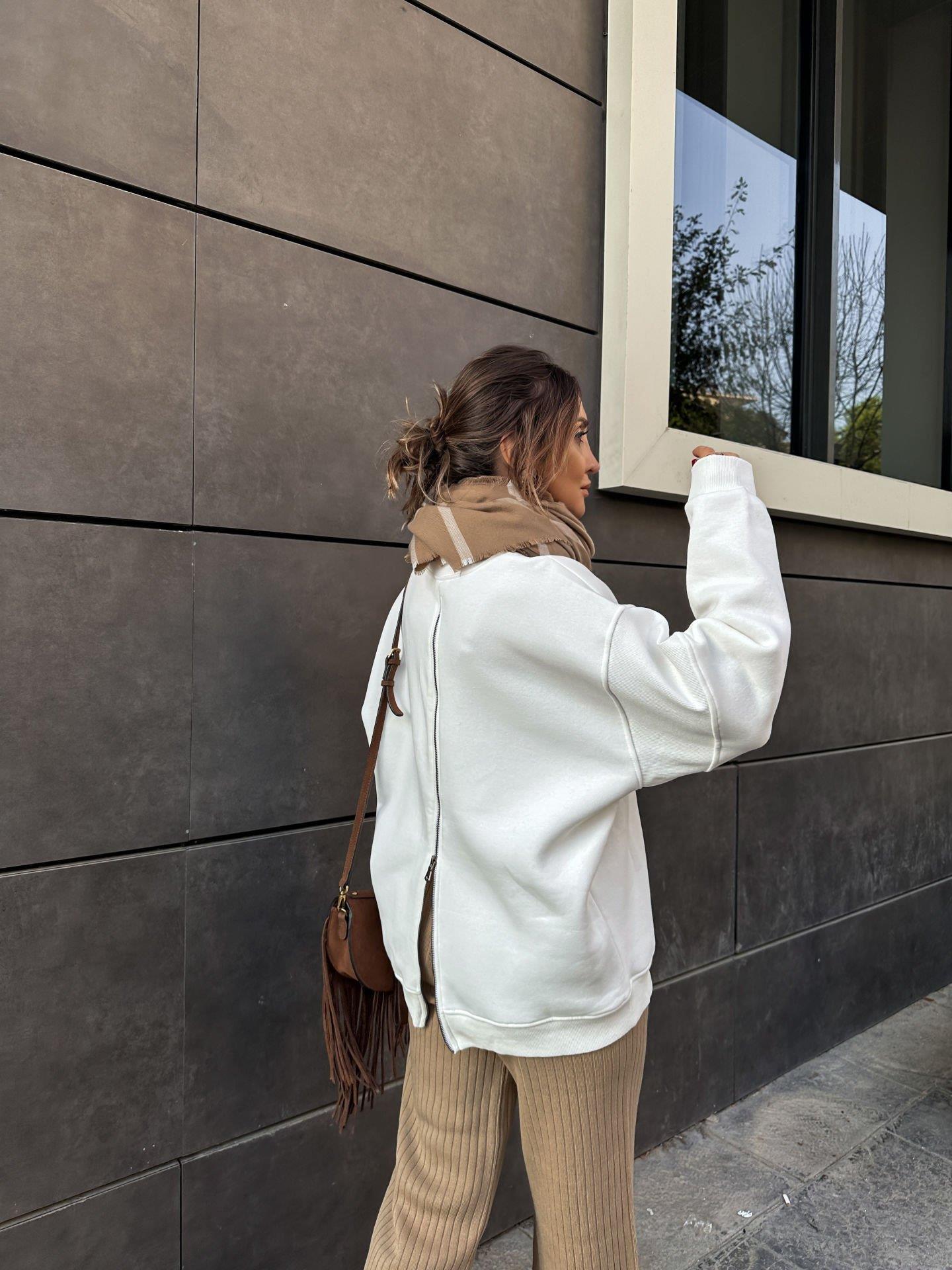 Ekru Arkası Fermuarlı Sweatshirt