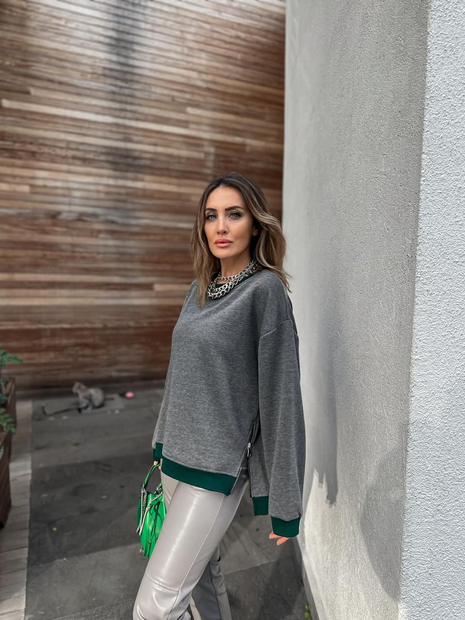 Gri Blok Renkli Fermuarlı Sweatshirt