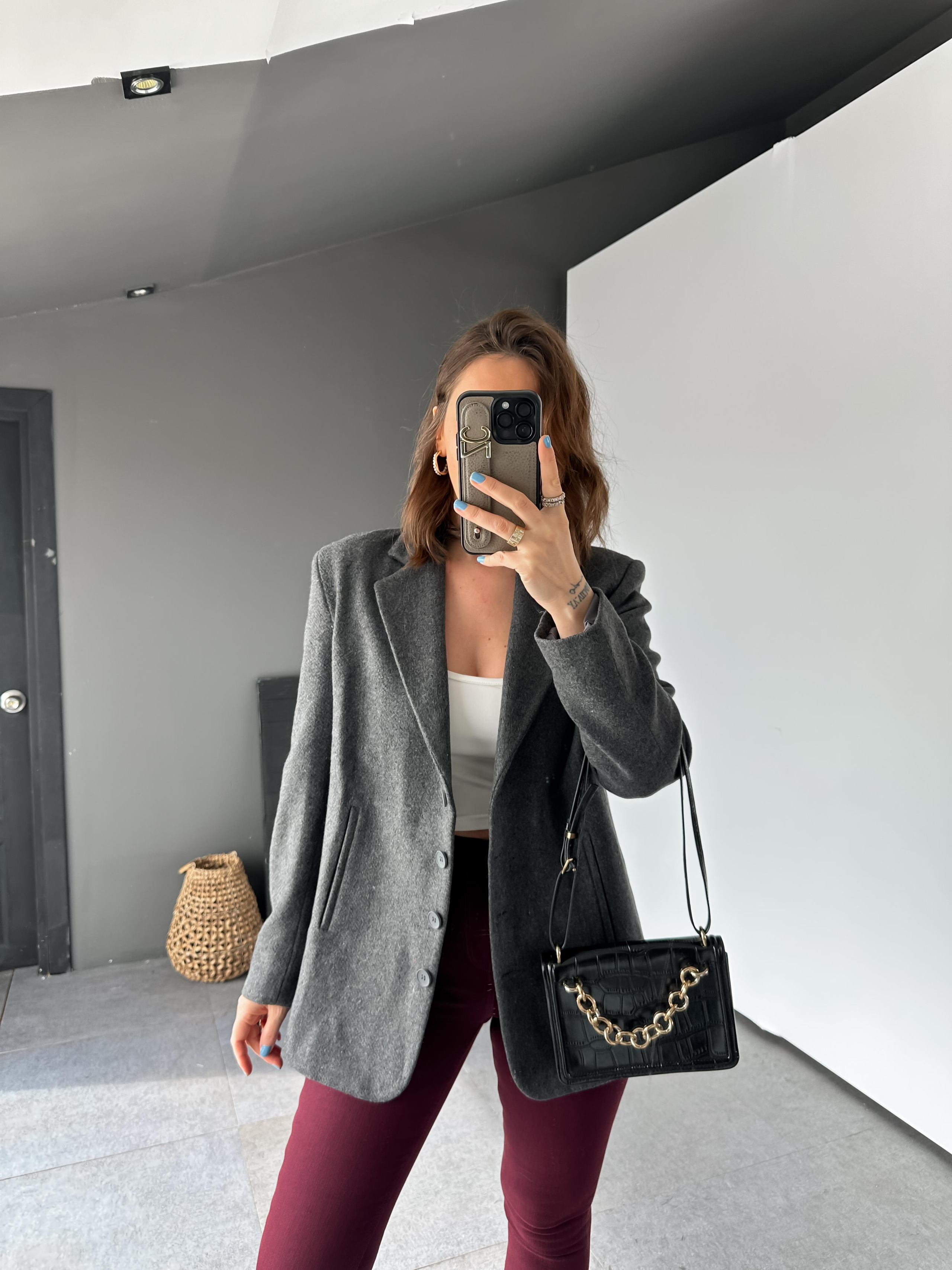 Gri Düğme Detaylı Premium Kaşe Ceket