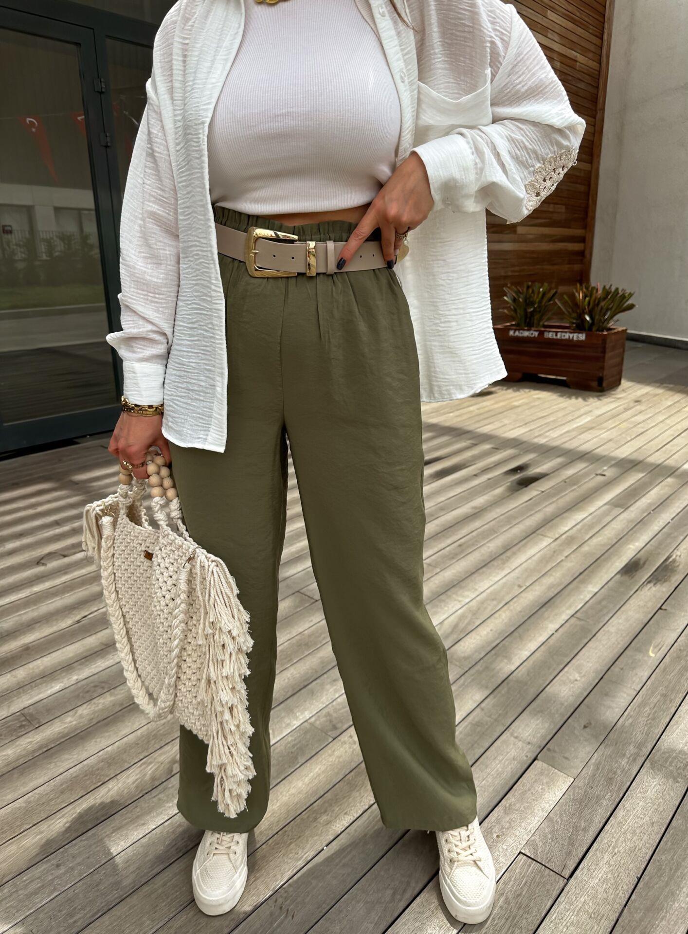 Haki Beli Lastikli Bol Pantolon