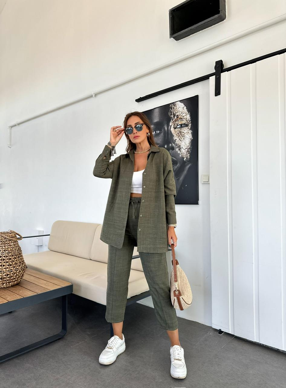 Haki Keten Gömlekli Basic Takım