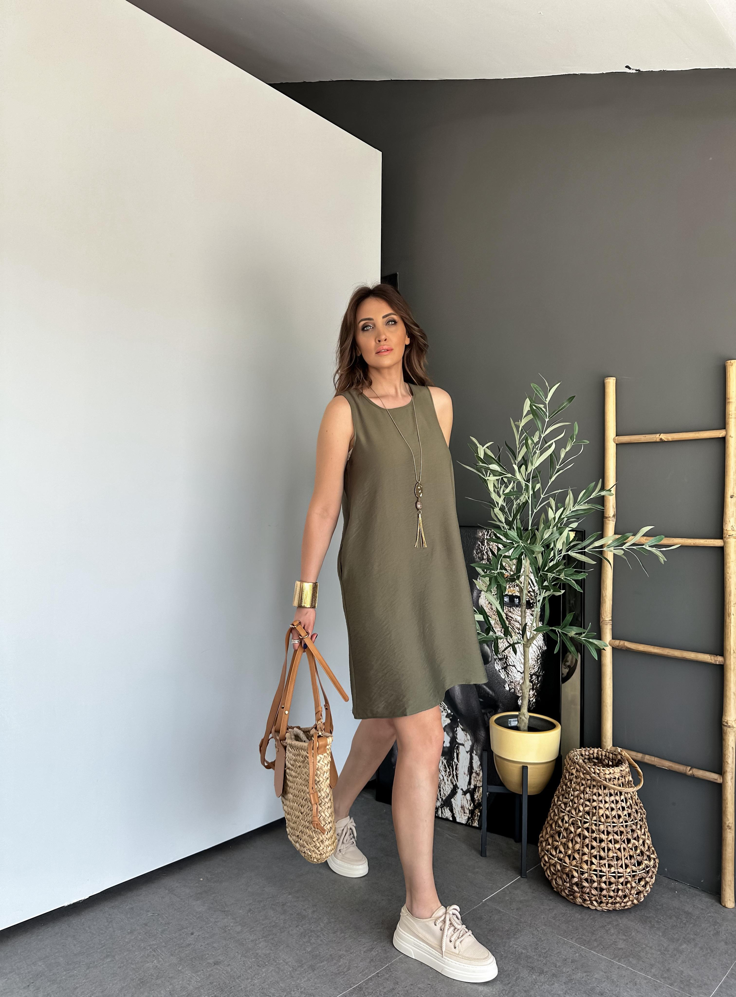 Haki Kolsuz Cepli Basic Elbise